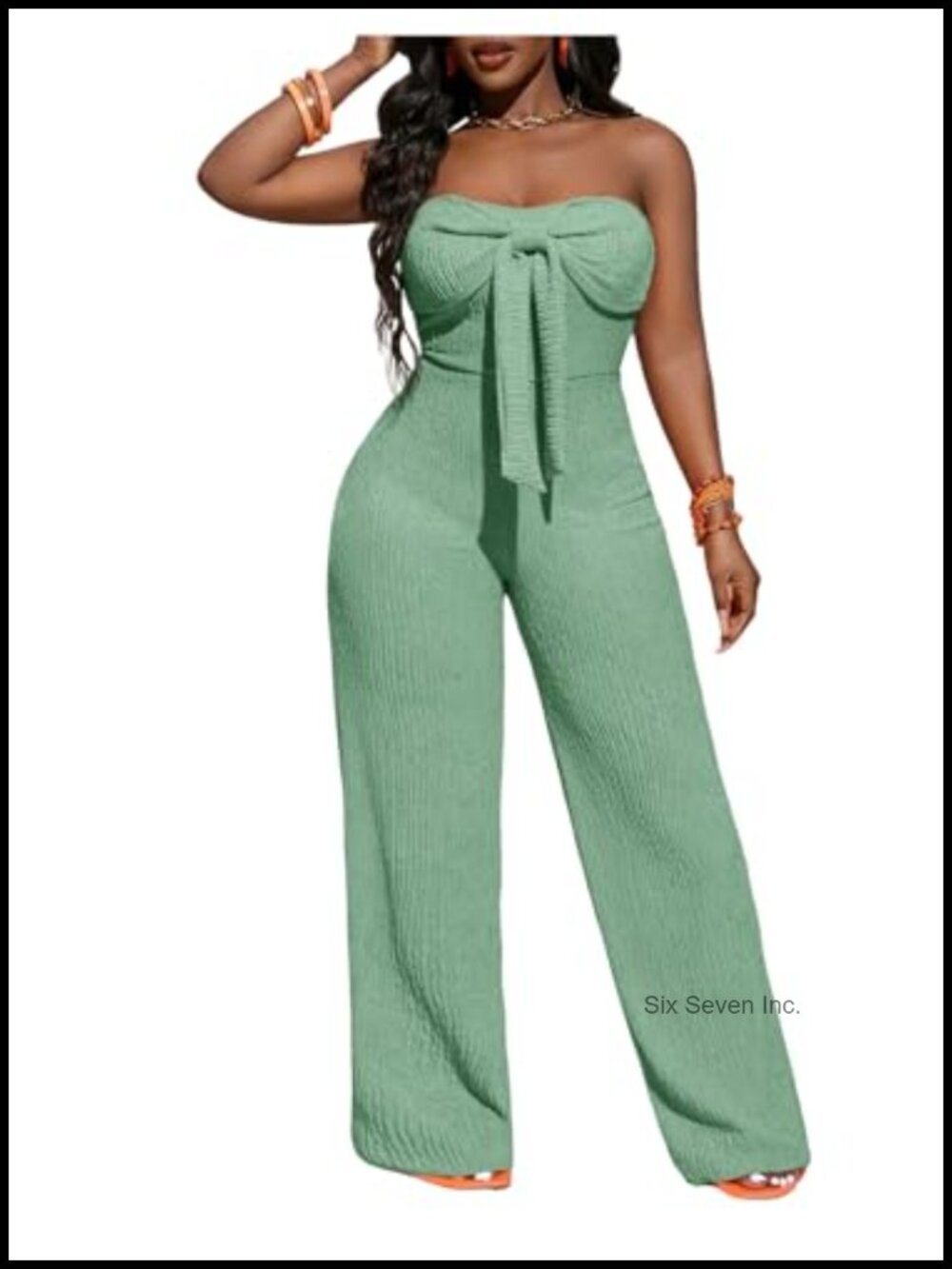 OYOANGLE Women's Strapless Jumpsuit Sleeveless Tie Front Wide Leg Beach